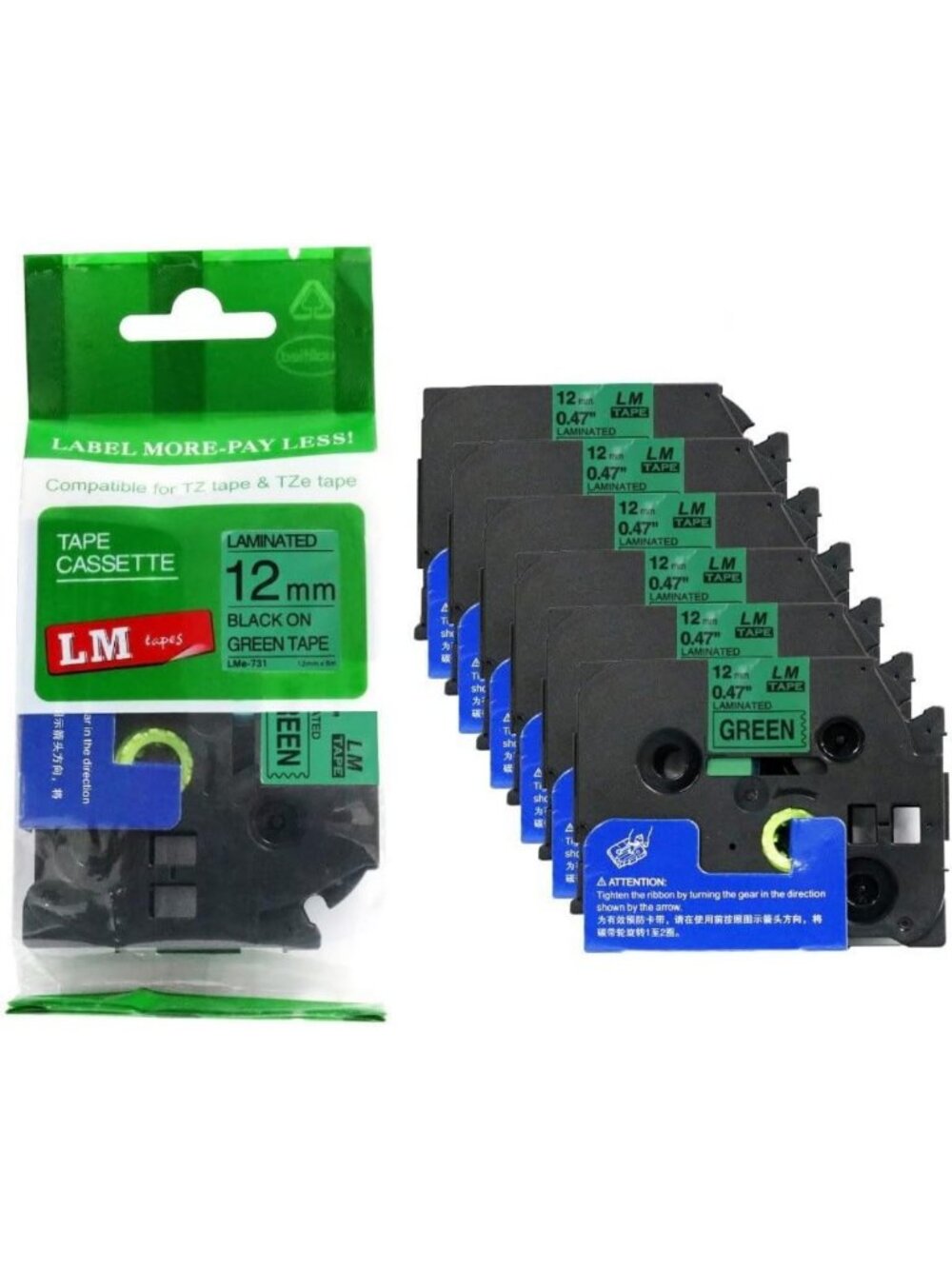 Premium 1/2" Black Print on Green Label Tapes - 6 Pack, Compatible with Ptouch